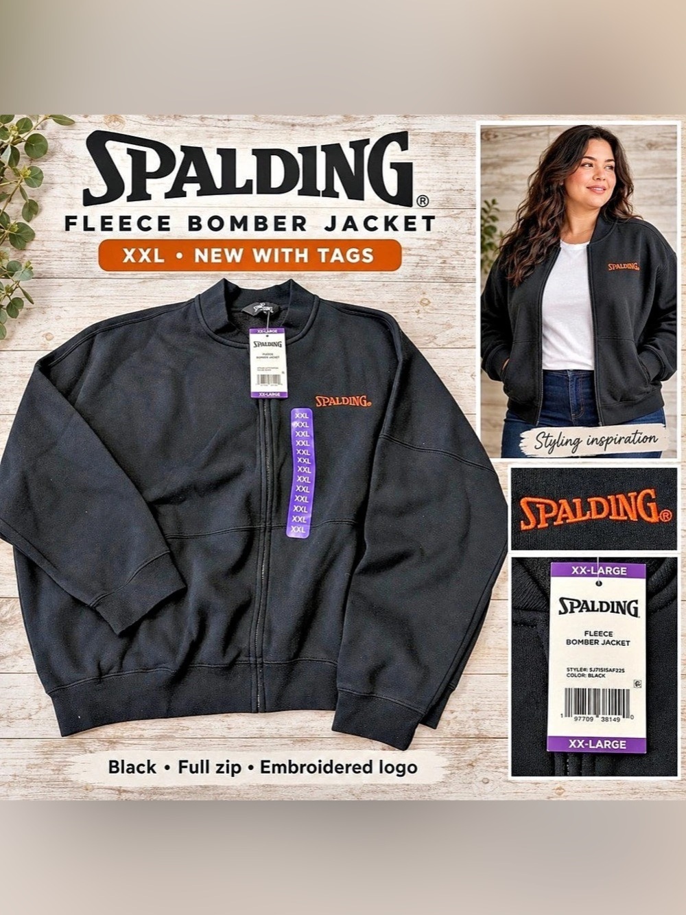 Spalding Black Fleece Bomber Jacket 🖤 XXL • NWT